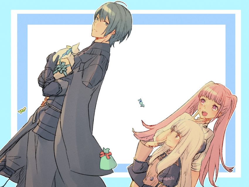 1boy 2girls armor blue_eyes blue_hair box byleth_(fire_emblem) byleth_eisner_(male) candy closed_mouth fire_emblem fire_emblem:_three_houses food gift gift_bag gift_box highres hilda_valentine_goneril holding long_hair long_sleeves lysithea_von_ordelia multiple_girls nishimura_(nianiamu) open_mouth parted_lips pink_eyes pink_hair short_hair simple_background twintails twitter_username white_hair