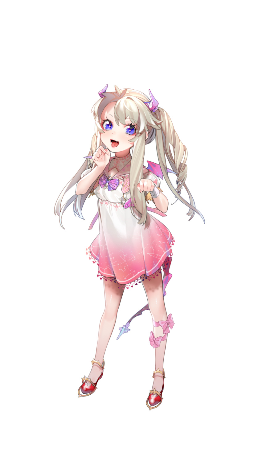 1girl :d absurdres blonde_hair bow bowtie child demon_horns demon_tail demon_wings dress drill_hair fang full_body gradient_dress hands_up herme_(ohisashiburi) highres horns leg_strap long_hair looking_at_viewer mini_wings ohisashiburi open_mouth original paw_pose pink_bow pink_dress pink_nails pink_sailor_collar purple_bow purple_neckwear quad_tails red_footwear sailor_collar sailor_dress shoes simple_background smile solo standing tail violet_eyes white_background white_dress wings wristband