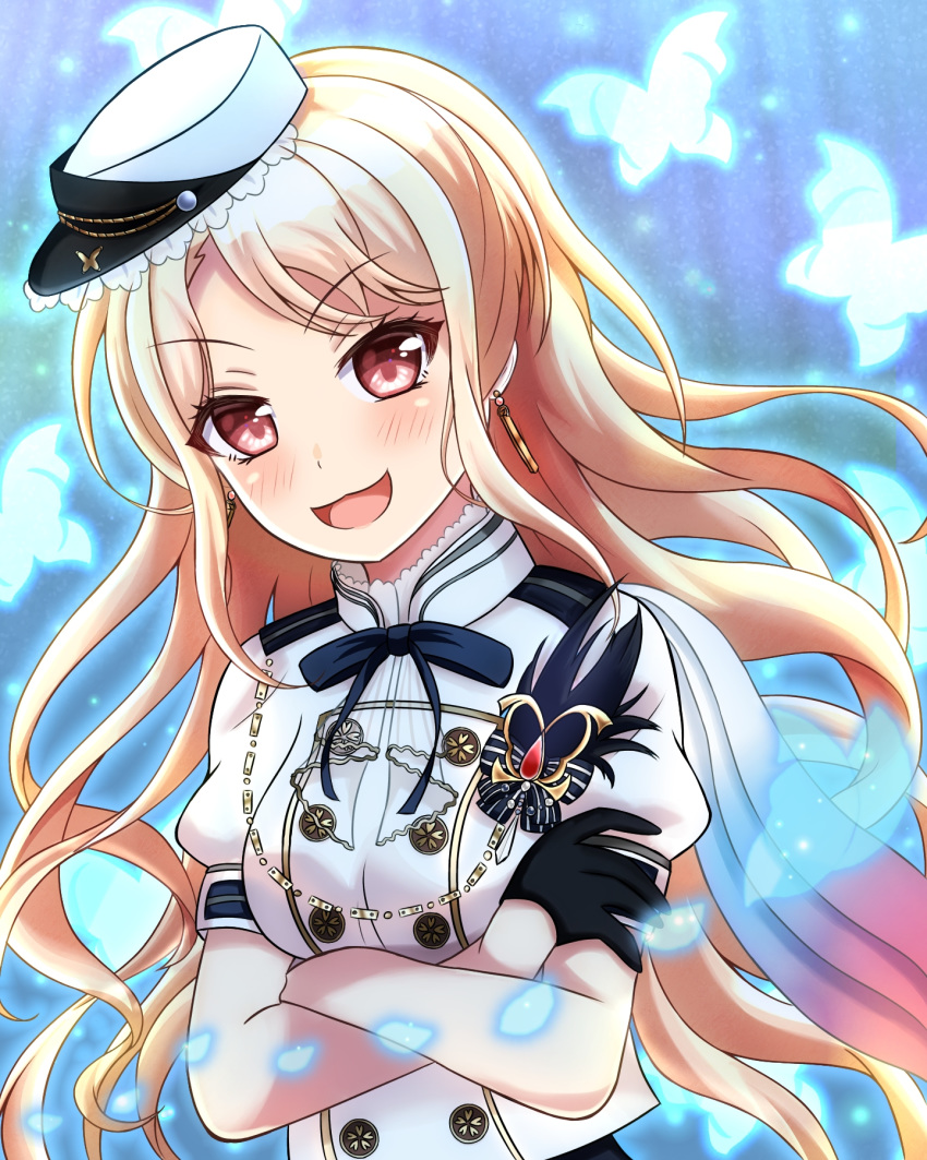 1girl :3 :d asymmetrical_bangs bang_dream! bangs black_gloves blonde_hair blue_background blue_butterfly blue_ribbon blush breasts buttons chain commentary_request crossed_arms earrings eyebrows_visible_through_hair gloves half_gloves hat highres jewelry kirigaya_touko kurauchin_start light_particles long_hair looking_at_viewer medium_breasts mini_hat open_mouth partial_commentary pink_eyes puffy_short_sleeves puffy_sleeves ribbon short_sleeves sidelocks smile solo uniform upper_body wavy_hair white_headwear white_uniform