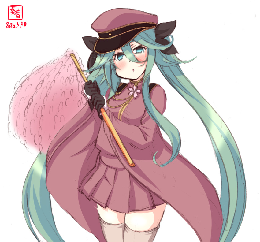 1girl artist_logo bangs beige_legwear black_gloves black_ribbon brown_headwear commentary_request cosplay cowboy_shot dated gloves green_eyes green_hair hair_between_eyes hair_ornament hair_ribbon hairclip hat hatsune_miku hatsune_miku_(cosplay) highres kanon_(kurogane_knights) kantai_collection long_hair looking_at_viewer military military_uniform parted_bangs peaked_cap ponytail ribbon senbon-zakura_(vocaloid) sidelocks simple_background solo standing thigh-highs twintails uniform very_long_hair white_background yamakaze_(kantai_collection)