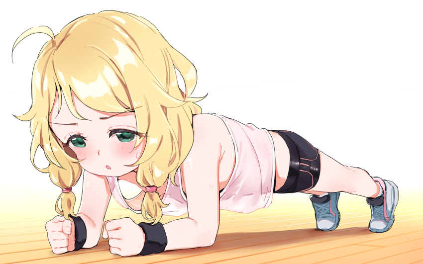 1girl ahoge aqua_eyes bare_shoulders bike_shorts blonde_hair blush breasts clenched_hands highres idolmaster idolmaster_cinderella_girls long_hair o.m open_mouth planking shoes sleeveless small_breasts sneakers solo wristband yusa_kozue