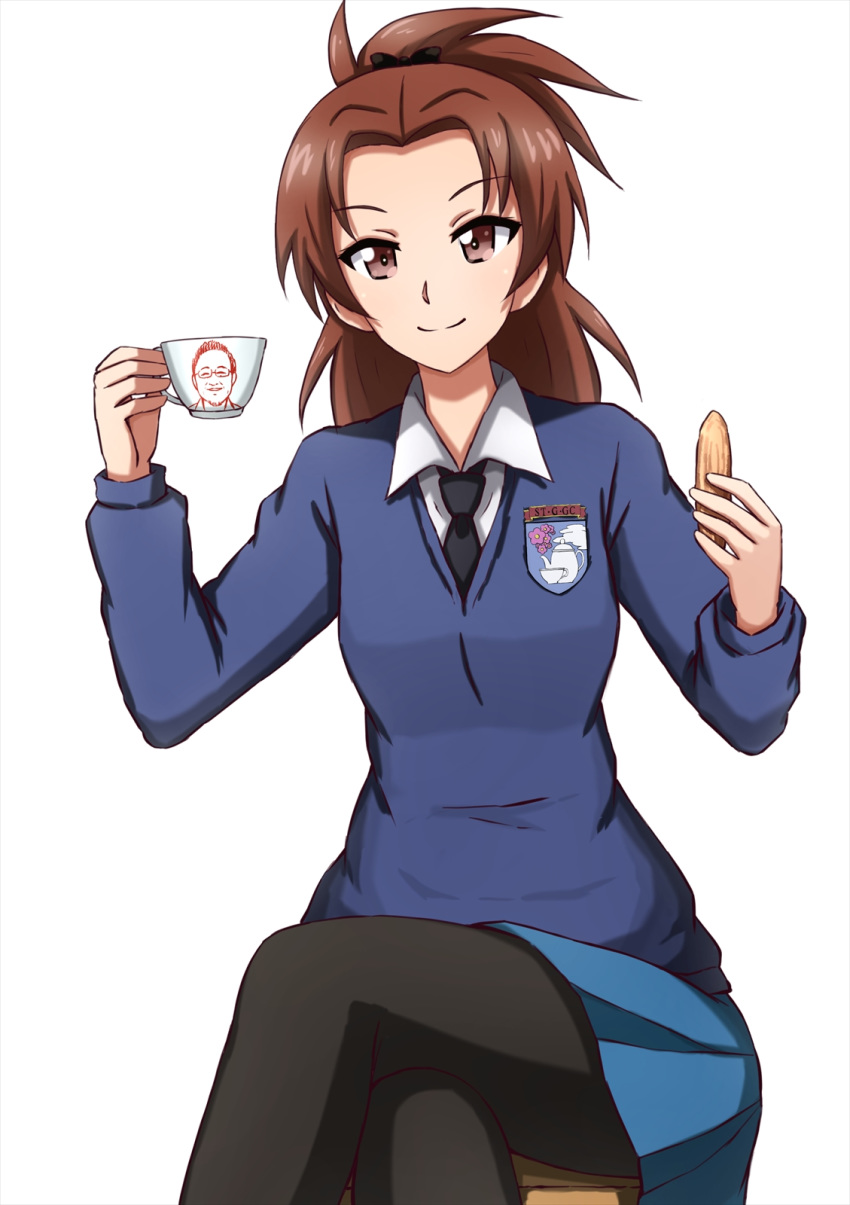1girl alternate_costume alternate_hairstyle bad_id bad_twitter_id black_legwear black_neckwear black_ribbon blue_skirt blue_sweater brown_eyes brown_hair chips closed_mouth commentary crossed_legs cup dress_shirt emblem food girls_und_panzer hair_down hair_ribbon highres holding holding_cup holding_food kadotani_anzu leaning_to_the_side long_hair long_sleeves looking_at_viewer miniskirt necktie omachi_(slabco) pantyhose pleated_skirt potato_chips ribbon school_uniform shirt simple_background sitting skirt smile solo st._gloriana's_(emblem) st._gloriana's_school_uniform sweater teacup v-neck white_background white_shirt wing_collar