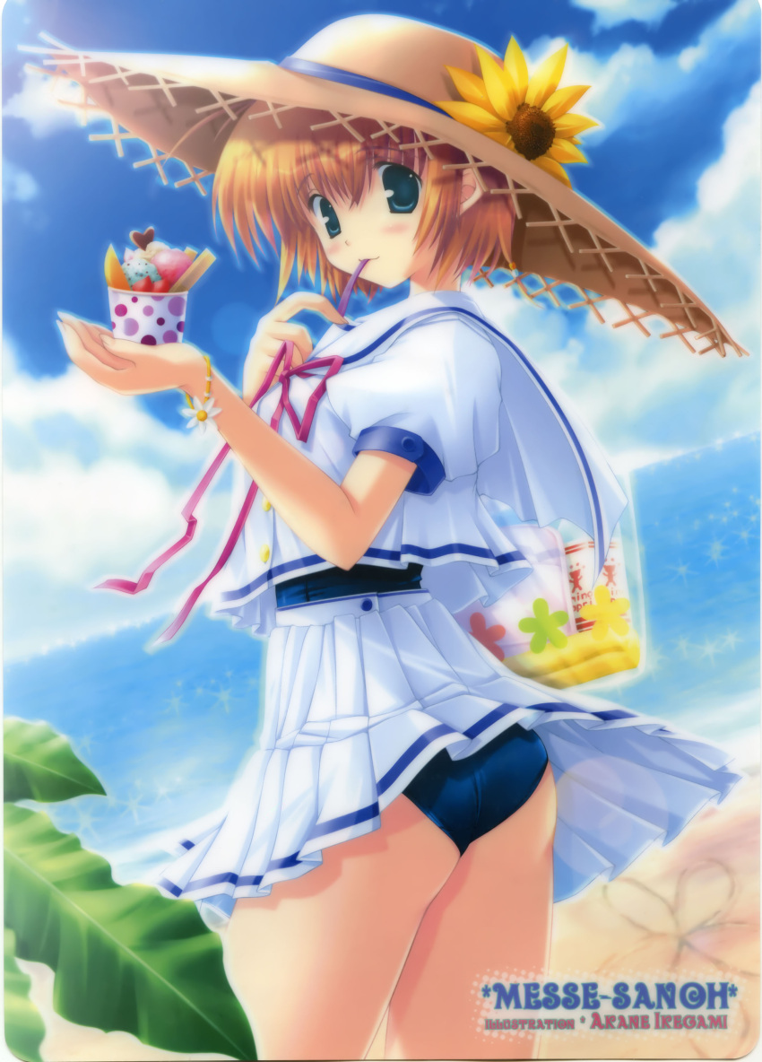 aqua_eyes bracelet cloud clouds flower hat highres ikegami_akane jewelry mouth_hold school_uniform short_hair sky sly sunflower swimsuit swimsuit_under_clothes