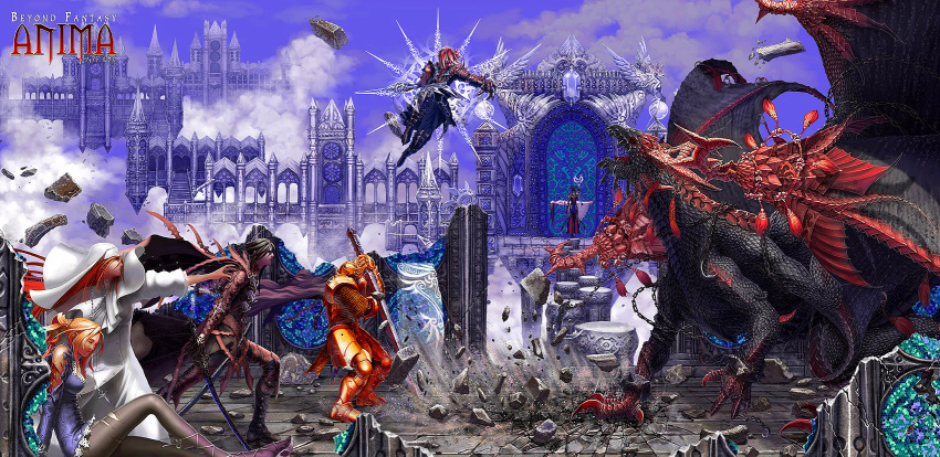 anima_beyond_fantasy armor battle blood chain chains cloud clouds dragon fantasy highres long_hair sky sword weapon wen-m