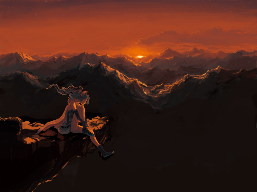 cliff closed_eyes cloud clouds detached_sleeves final_fantasy final_fantasy_vi green_hair hair_accessory hair_bow hair_ornament highres landscape mountain mountains ponytail ritsu_(roboroboro) scenery sitting sky solo sunset terra_branford tina_branford