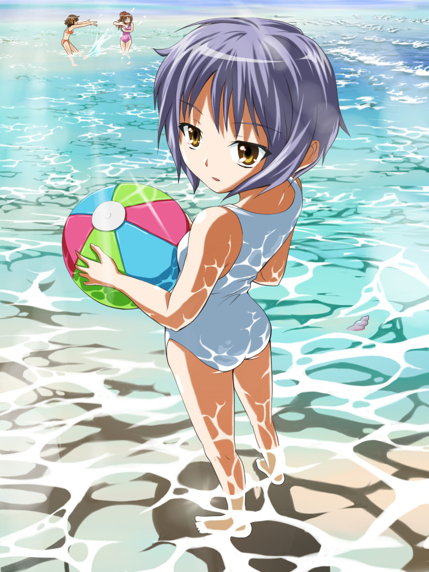 asahina_mikuru ball barefoot beachball bikini caustics highres multiple_girls nagato_yuki naosuke ocean one-piece_swimsuit sea suzumiya_haruhi suzumiya_haruhi_no_yuuutsu swimsuit tsubaki_juushirou wading water white_swimsuit