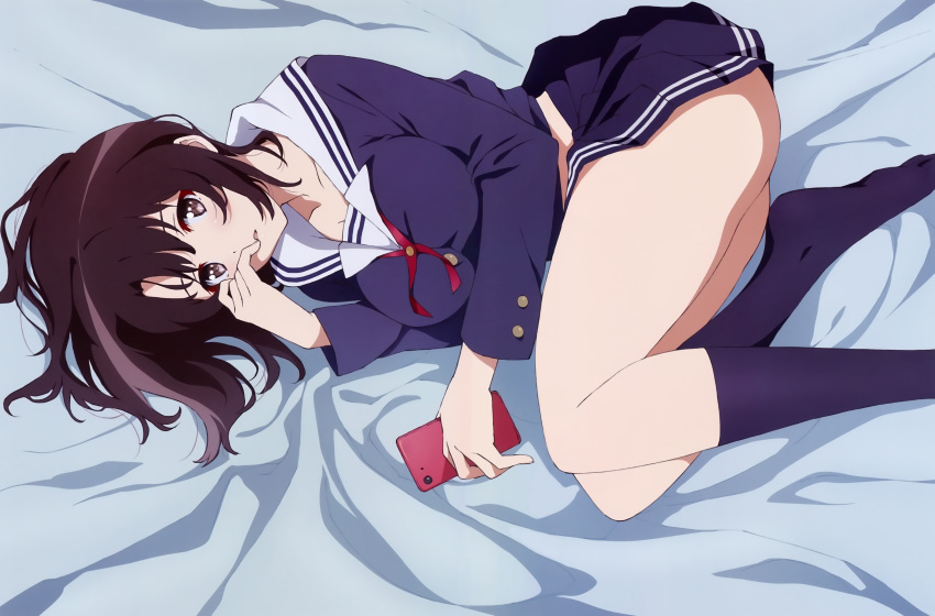 1girl absurdres ass bangs bare_legs bed bed_sheet black_hair blue_shirt blue_skirt breasts brown_eyes cellphone from_above hand_to_own_mouth highres holding holding_phone huge_filesize katou_megumi kneehighs large_breasts legs long_legs lying medium_hair navy_blue_legwear no_shoes nyantype official_art on_side open_mouth phone pleated_skirt saenai_heroine_no_sodatekata school_uniform serafuku shirt skirt smartphone socks solo thighs