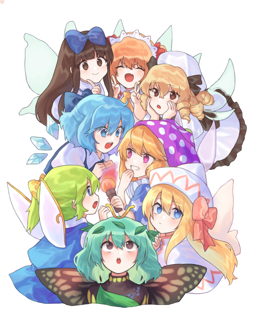 6+girls ^_^ aqua_hair beret blonde_hair blue_bow blue_eyes blue_hair blush bow brown_eyes brown_hair butterfly_wings cheunes cirno closed_eyes clownpiece commentary daiyousei double_v drill_hair eternity_larva facing_viewer fairy_wings grin hair_bow hand_up hands_on_own_cheeks hands_on_own_face hands_up hat hat_bow hat_ribbon headdress highres holding holding_torch ice ice_wings index_finger_raised jester_cap lily_white long_hair looking_at_another looking_at_viewer looking_up luna_child multiple_girls orange_hair pink_bow polka_dot polka_dot_hat puffy_short_sleeves puffy_sleeves red_ribbon ribbon short_hair short_sleeves side_ponytail simple_background smile star star_print star_sapphire sunny_milk torch touhou v v-shaped_eyebrows violet_eyes white_background white_headwear wings yellow_bow