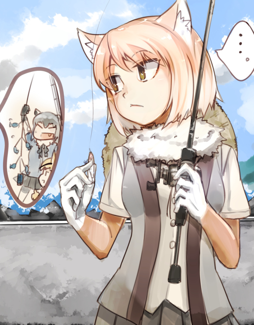 ... 3girls animal_ears bangs blonde_hair brown_eyes buttons closed_eyes commentary_request common_raccoon_(kemono_friends) day elbow_gloves expressionless eyebrows_visible_through_hair eyes_visible_through_hair fang fennec_(kemono_friends) fishing fishing_line fishing_rod fox_ears fur_collar gloves grey_hair hands_up hat highres holding kemono_friends light_brown_hair looking_at_another looking_to_the_side medium_hair multicolored_hair multiple_girls nakami ocean open_mouth outdoors parted_bangs pleated_skirt raccoon_ears shirt skirt smile solo_focus spoken_ellipsis straw_hat sweater tibetan_sand_fox_(kemono_friends) two-tone_hair upper_body vest water white_hair