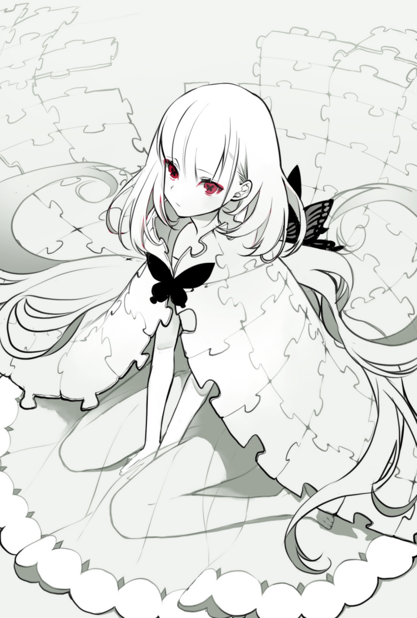 1girl aoi_sakurako bangs barefoot between_legs butterfly-shaped_pupils butterfly_hair_ornament closed_mouth dress eyebrows_visible_through_hair full_body hair_ornament hand_between_legs highres long_hair low_ponytail monochrome original ponytail puzzle_piece red_eyes sitting solo spot_color symbol-shaped_pupils very_long_hair wariza