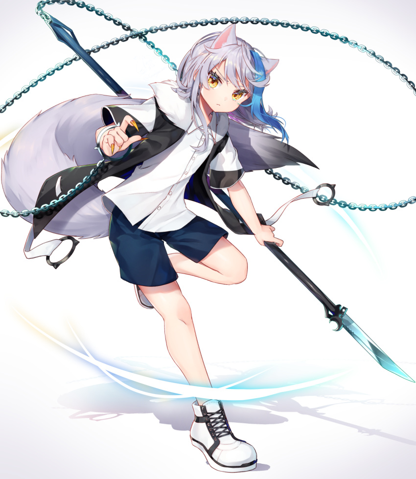 1girl animal_ears blue_hair blue_shorts chain commentary_request fingernails full_body gunjou_row highres holding holding_weapon long_fingernails long_hair multicolored_hair original polearm shirt shoes shorts sickle silver_hair sneakers solo spear tail weapon white_background white_shirt wolf_ears wolf_tail yellow_eyes