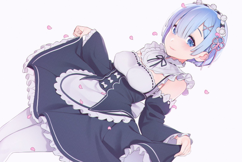 1girl amanekuu black_bow black_dress black_ribbon blue_eyes blue_hair blush bow covered_nipples detached_sleeves dress dress_lift fingernails frills hair_ornament hairclip highres petals re:zero_kara_hajimeru_isekai_seikatsu rem_(re:zero) ribbon short_hair simple_background smile solo white_background white_bow