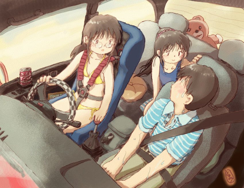 1boy 2girls bikini blush brown_hair car_interior cushion day driving family glasses long_hair looking_at_another multiple_girls school_swimsuit seatbelt shirt short_sleeves sitting smile striped striped_shirt stuffed_animal stuffed_toy sweat swimsuit teddy_bear tomomi_(user_xtmw2443) yellow_bikini