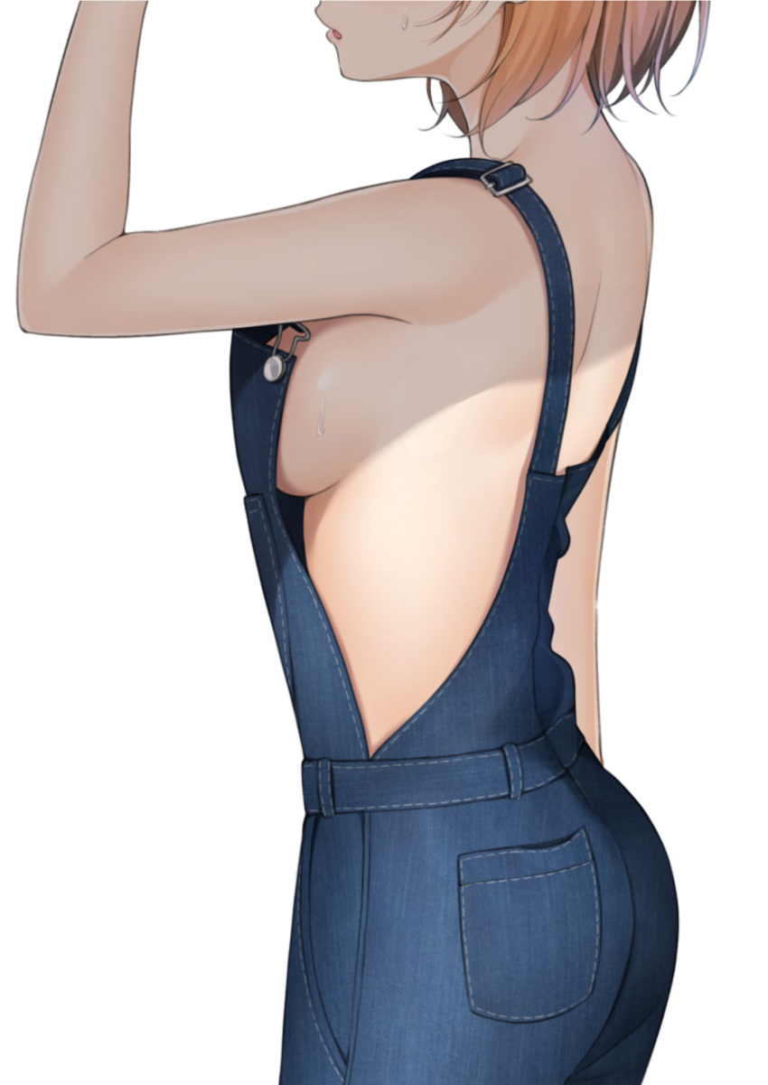1girl arm_up ass bare_arms bare_shoulders blonde_hair breasts denim djeeta_(granblue_fantasy) from_side granblue_fantasy head_out_of_frame highres mechanic_(granblue_fantasy) medium_breasts mottsun_(i_40y) naked_overalls overalls parted_lips short_hair sideboob simple_background solo sweat white_background