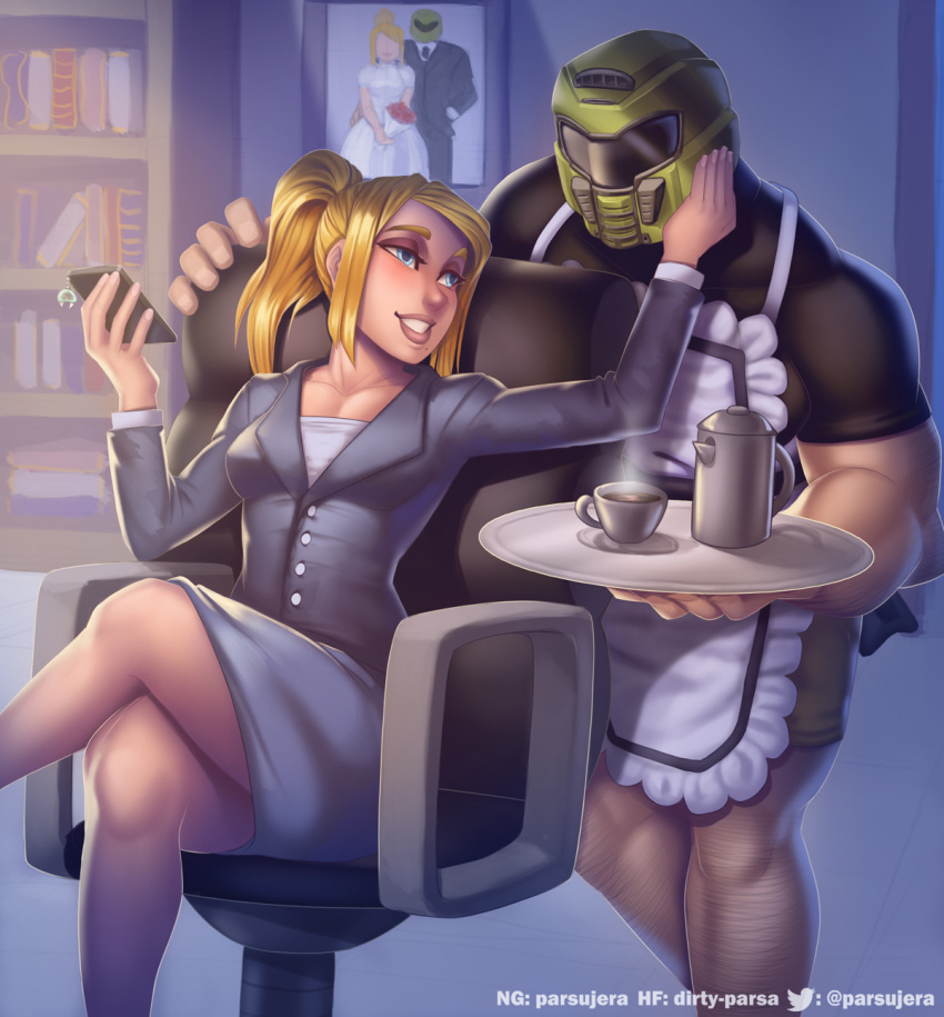 1boy 1girl alternate_costume andre_parcesepe apron arm_up armor bare_arms blonde_hair blue_eyes bride business_suit buttons cellphone chair coffee_pot commentary commission contemporary couple crossed_legs cup day doom_(game) doomguy drink english_commentary fingernails formal groom hand_on_another's_cheek hand_on_another's_face hand_up helm helmet hetero high_ponytail highres holding holding_phone holding_tray indoors jacket leg_hair lips long_hair long_sleeves looking_at_another maid metroid metroid_(creature) mole mole_under_mouth muscle office_chair pencil_skirt phone photo_(object) samus_aran shirt short_sleeves sidelocks sitting skirt skirt_suit smartphone smile standing suit suit_jacket tray twitter_username watermark wedding_photo