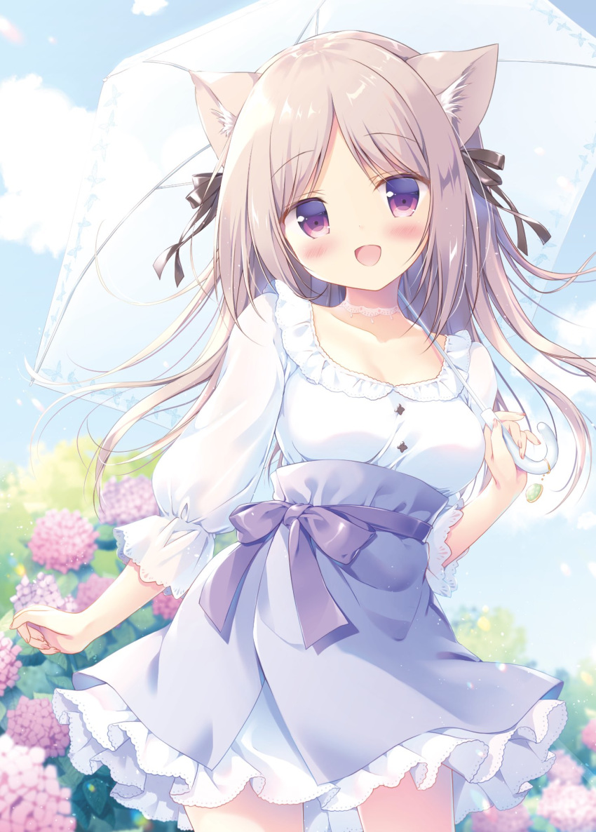 1girl :d animal_ear_fluff animal_ears bangs blurry blurry_background blush bow breasts brown_hair cat_ears commentary_request depth_of_field eyebrows_visible_through_hair flower hand_up highres holding holding_umbrella hydrangea long_hair looking_at_viewer medium_breasts miyasaka_nako nail_polish open_mouth original parted_bangs pink_flower pink_nails puffy_short_sleeves puffy_sleeves purple_bow purple_flower purple_skirt shirt short_sleeves skirt smile solo umbrella very_long_hair violet_eyes white_shirt white_umbrella