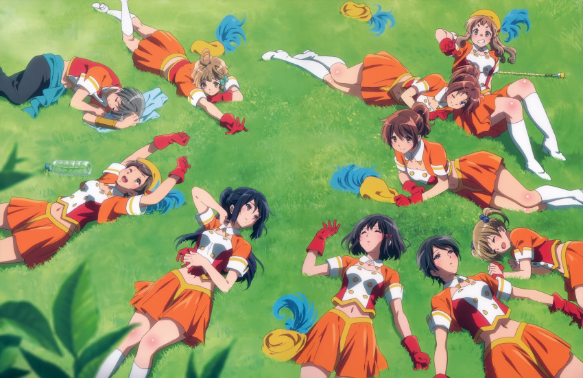 6+girls :d absurdres ahoge arms_up band_uniform bangs bare_legs black_hair black_pants bottle brown_eyes brown_hair buttons character_request closed_eyes curly_hair detached_collar exhausted expressionless feathers gekijouban_hibike!_euphonium gloves gloves_removed grass hair_ornament hair_ribbon hat hat_feather hibike!_euphonium highres hisaishi_kanade katou_hazuki kawashima_sapphire kneehighs kousaka_reina leaf lying marching_band marching_band_baton medium_hair midriff multiple_girls nakagawa_natsuki navel official_art on_back on_grass on_ground on_side on_stomach one_eye_closed open_clothes open_mouth open_vest orange_skirt oumae_kumiko outstretched_arms pants parted_lips pleated_skirt ponytail red_gloves ribbon short_hair short_sleeves skirt sleeping smile surprised thighs towel vest violet_eyes water_bottle white_footwear white_legwear wing_collar yellow_headwear yoshikawa_yuuko