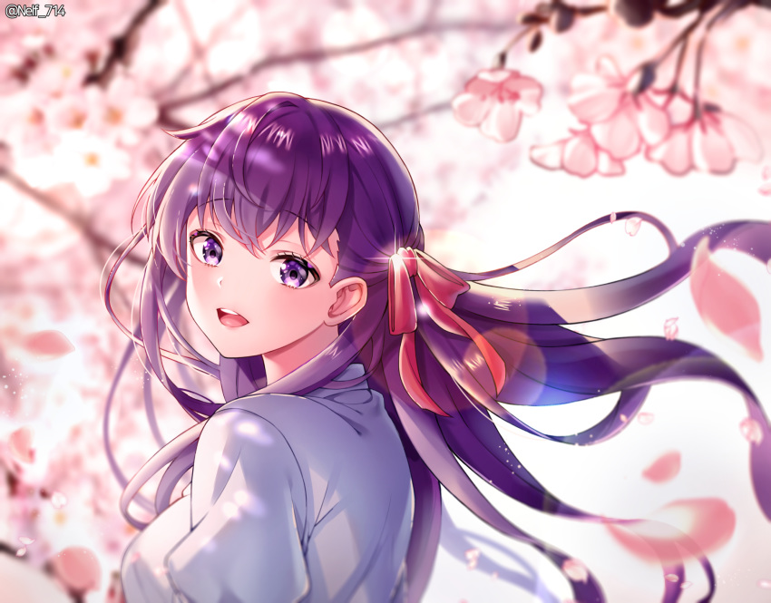 1girl artist_name bangs breasts cherry_blossoms commentary_request eyebrows_visible_through_hair fate/stay_night fate_(series) hair_ribbon heaven's_feel highres large_breasts long_hair long_sleeves looking_at_viewer matou_sakura nelf pink_ribbon purple_hair ribbon shirt smile solo violet_eyes white_shirt