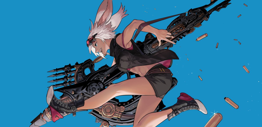 1girl animal_ears bare_legs blue_eyes bunny_girl byuub crop_top dark_skin final_fantasy final_fantasy_xiv goggles goggles_on_head gun jacket jumping machinist_(final_fantasy) midriff navel open_clothes open_jacket open_mouth rabbit_ears shell_casing shoes short_hair shorts strap strap_slip viera weapon white_hair