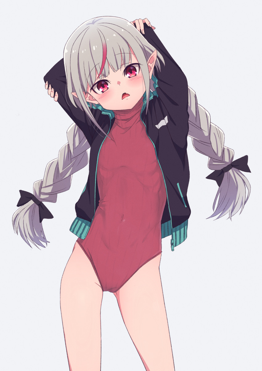 1girl arms_behind_head arms_up bare_hips black_ribbon blush braid commentary_request cowboy_shot eyebrows_visible_through_hair flat_chest grey_hair hair_ribbon highleg highleg_leotard highres jacket leotard long_hair long_sleeves looking_at_viewer makaino_ririmu meme_attire multicolored_hair nijisanji open_clothes open_jacket open_mouth pointy_ears red_eyes red_leotard redhead ribbon sabamen simple_background skin_tight solo streaked_hair sweater triangle_mouth turtleneck turtleneck_leotard turtleneck_sweater twin_braids uniqlo