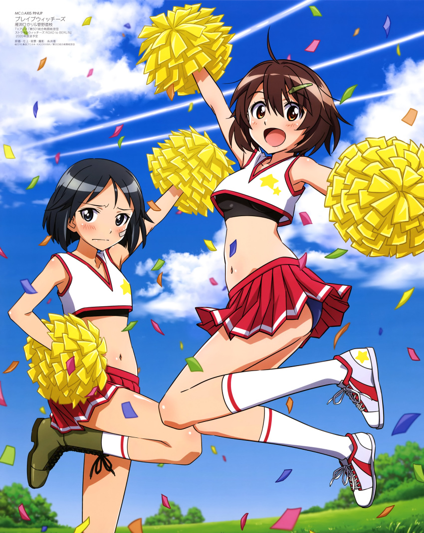 2girls :d absurdres ahoge arm_up arms_up bandaid bandaid_on_face bangs black_hair black_sports_bra bloomers blue_bloomers blue_sky boots brave_witches breasts brown_eyes brown_hair cheering cheerleader clouds condensation_trail confetti crop_top day embarrassed flat_chest grey_eyes hair_ornament hairclip hand_on_hip highres holding holding_pom_poms jumping kanno_naoe karibuchi_hikari leg_up medium_breasts medium_hair midriff multiple_girls navel official_art open_mouth outdoors pleated_skirt pom_poms red_skirt shoes skirt sky smile sneakers sports_bra star tree underwear white_crop_top white_footwear white_legwear world_witches_series