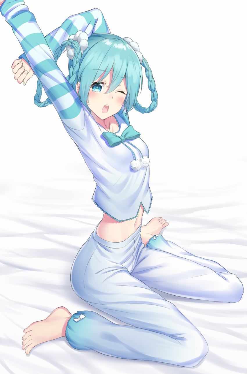 1girl aqua_bow aqua_eyes aqua_hair arms_up bed_sheet bibboss39 blue_pants blue_shirt blush bow bowtie braid commentary hair_ornament hair_rings hatsune_miku highres long_sleeves looking_at_viewer midriff navel one_eye_closed open_mouth outstretched_arm pajamas pants pom_pom_(clothes) shirt sitting skinny solo stretch vocaloid wariza white_background yawning