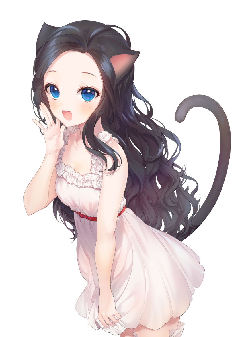 1girl :d a20_(atsumaru) animal_ears bangs bare_arms bare_shoulders black_hair blue_eyes blush cat_ears cat_girl cat_tail collarbone commission dress forehead frilled_dress frills hand_up highres long_hair looking_at_viewer open_mouth original parted_bangs sidelocks simple_background sleeveless sleeveless_dress smile solo tail tail_raised very_long_hair wavy_hair white_background white_dress