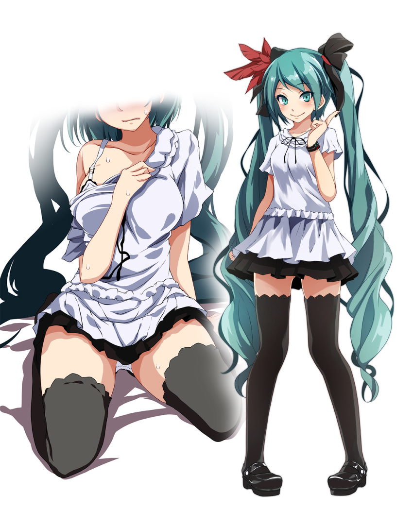 1girl aqua_eyes aqua_hair arm_at_side bangs black_footwear black_legwear black_ribbon black_skirt blush bra bra_peek bracelet breasts closed_mouth collarbone eyebrows_visible_through_hair feathers frilled_shirt frills frown full_body hair_feathers hair_ribbon hand_on_own_chest hatsune_miku highres index_finger_raised jewelry kneeling long_hair medium_breasts miniskirt multiple_views off_shoulder panties pantyshot pantyshot_(kneeling) parted_lips pigeon-toed pleated_skirt project_diva_(series) ribbon shirt shoes short_sleeves simple_background skirt smile standing supreme_(module) sweat thigh-highs tsukishiro_saika twintails underwear upskirt very_long_hair white_background white_bra white_panties white_shirt world_is_mine_(vocaloid) zettai_ryouiki