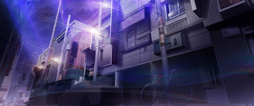 bicycle building car city cityscape dark from_below ground_vehicle jongmin lamppost lens_flare motor_vehicle night no_humans original power_lines purple scenery sky star_(sky) telephone_pole
