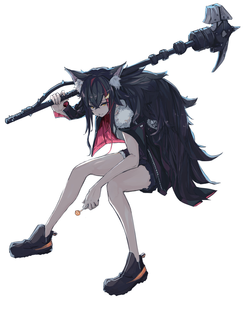 1girl absurdres animal_ear_fluff animal_ears arknights bare_legs black_hair candy carrying_over_shoulder cosplay food highres holding holding_weapon hololive jacket lollipop long_hair mouth_hold ookami_mio orange_eyes redhead shorts siege_(arknights) siege_(arknights)_(cosplay) tsumeki virtual_youtuber war_hammer weapon wolf_ears