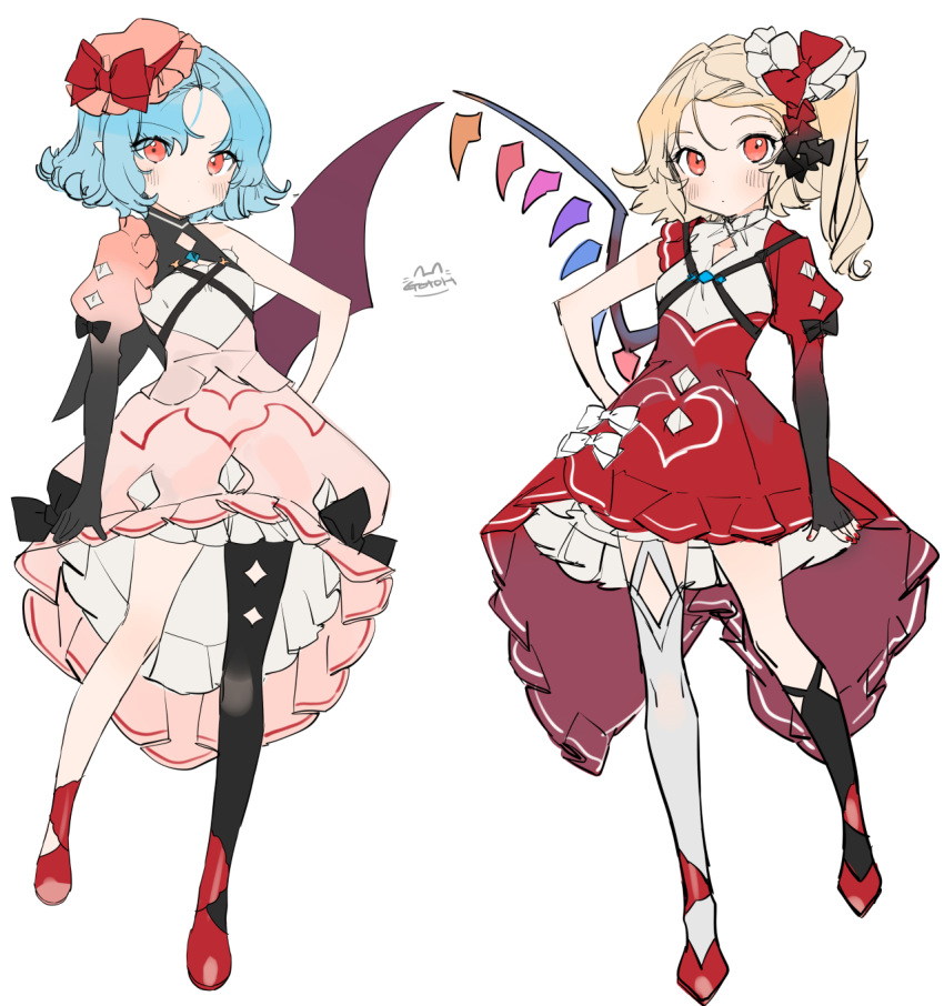 2girls artist_name asymmetrical_legwear bangs bare_arms bare_shoulders bat_wings black_legwear blonde_hair blue_hair blush bow commentary_request dress eyebrows_visible_through_hair flandre_scarlet flat_color full_body gotoh510 hat hat_bow highres juliet_sleeves long_sleeves looking_at_viewer mismatched_legwear mob_cap multiple_girls petticoat pink_dress pink_headwear pointy_ears puffy_sleeves red_bow red_dress red_eyes red_footwear remilia_scarlet shoes short_hair siblings side_ponytail simple_background single_leg_pantyhose single_sleeve sisters touhou white_background white_headwear white_legwear wings