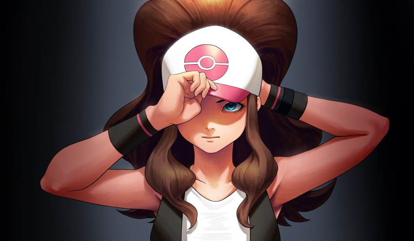 1girl baseball_cap blue_eyes brown_hair closed_mouth hat highres long_hair looking_at_viewer pokemon pokemon_(game) pokemon_bw ponytail simple_background solo touko_(pokemon) turiganesou800 vest wristband