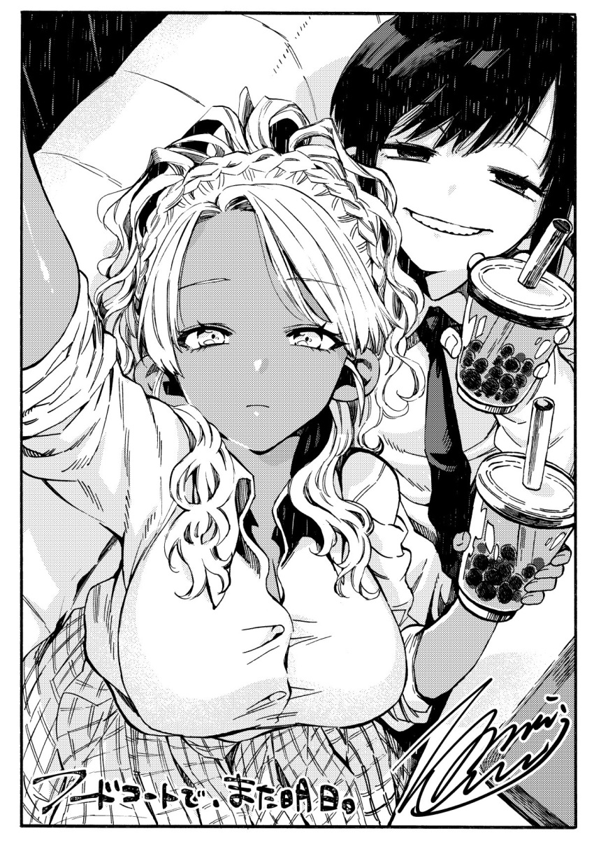 black_eyes braid breasts bubble_tea commentary_request couch cup dark_skin disposable_cup drink drinking_straw food_court_de_mata_ashita greyscale grin gyaru hair_over_shoulder highres holding holding_cup large_breasts looking_up monochrome nariie_shin'ichirou necktie plaid plaid_skirt pleated_skirt school_uniform self_shot shirt skirt smile straight_hair wada_(food_court) wavy_hair white_shirt yamamoto_(food_court)