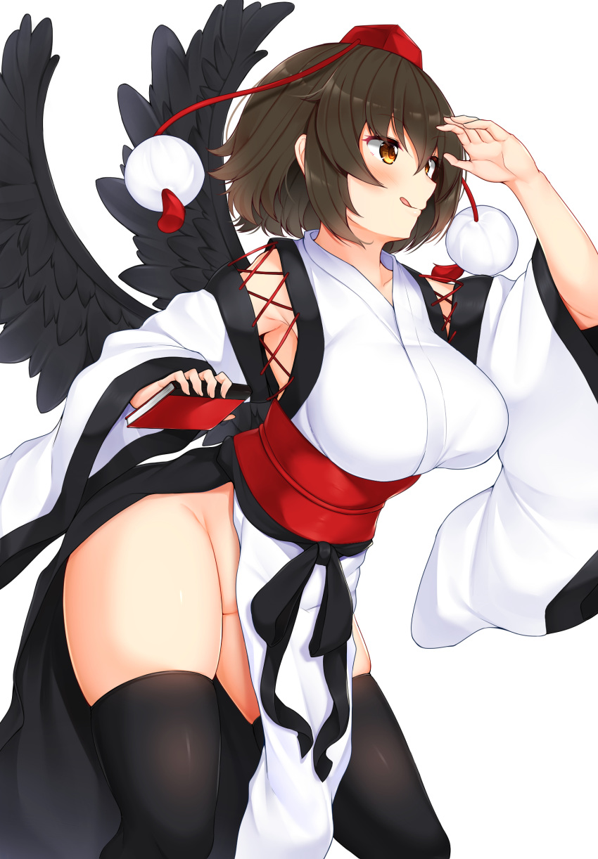 1girl arm_up black_legwear black_wings book breasts brown_eyes brown_hair commentary_request detached_sleeves feathered_wings hat highres holding holding_book kourindou_tengu_costume large_breasts leaning_forward licking_lips no_panties notebook obi pom_pom_(clothes) red_headwear sash shameimaru_aya simple_background skindentation smile solo standing thigh-highs tokin_hat tokoya_(ex-hetare) tongue tongue_out touhou white_background wide_sleeves wings