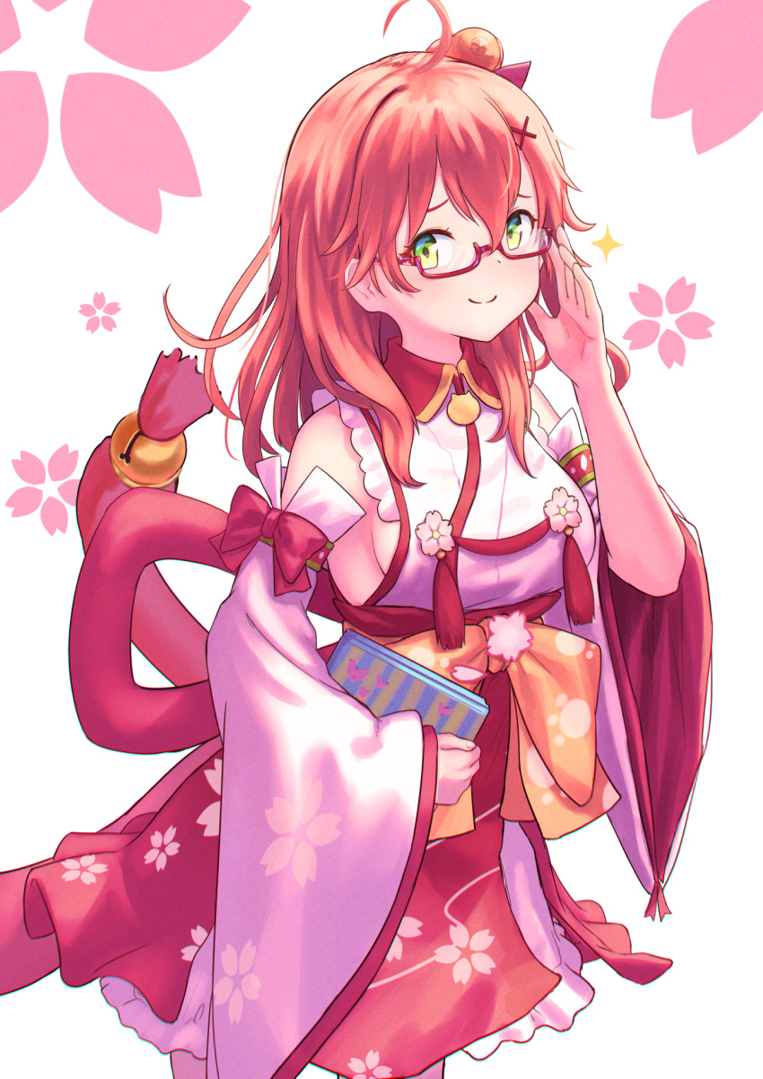 1girl adjusting_eyewear ahoge book breasts cherry_blossom_print closed_mouth detached_sleeves floral_print glasses green_eyes hair_between_eyes highres holding holding_book hololive parted_lips paw_print_pattern pink-framed_eyewear pink_hair roke_(taikodon) sakura_miko sideboob smile solo white_background wide_sleeves