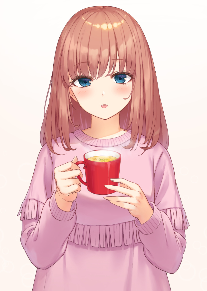 1girl bangs blue_eyes blush brown_hair commentary_request cup drink eyebrows_visible_through_hair fringe_trim gohei_(aoi_yuugure) highres holding holding_cup long_hair long_sleeves mug original parted_lips purple_sweater simple_background smile solo steam sweater upper_body white_background
