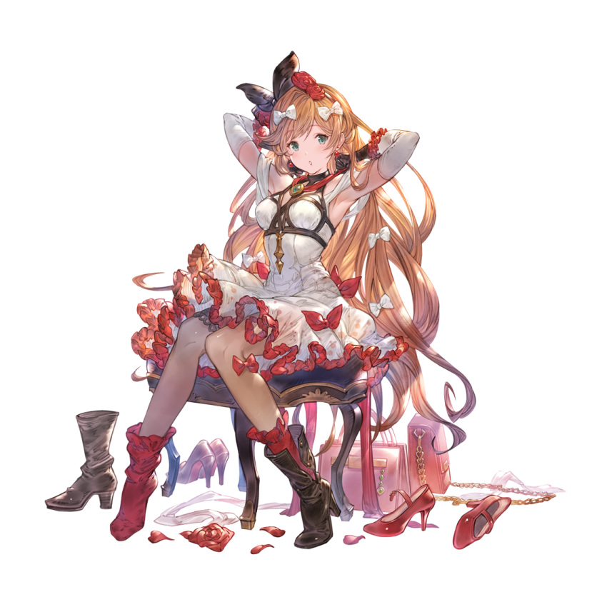 1girl bag bangs black_gloves black_ribbon blonde_hair blush boot_removed boots bow breasts chair clarisse_(granblue_fantasy) dress earrings eyebrows_visible_through_hair flower gloves granblue_fantasy green_eyes hair_bow hair_flower hair_ornament hair_ribbon high_heels jewelry large_breasts long_hair long_sleeves looking_at_viewer official_art open_mouth red_bow red_flower red_legwear ribbon shoes single_boot single_shoe sitting socks solo swept_bangs white_bow white_dress