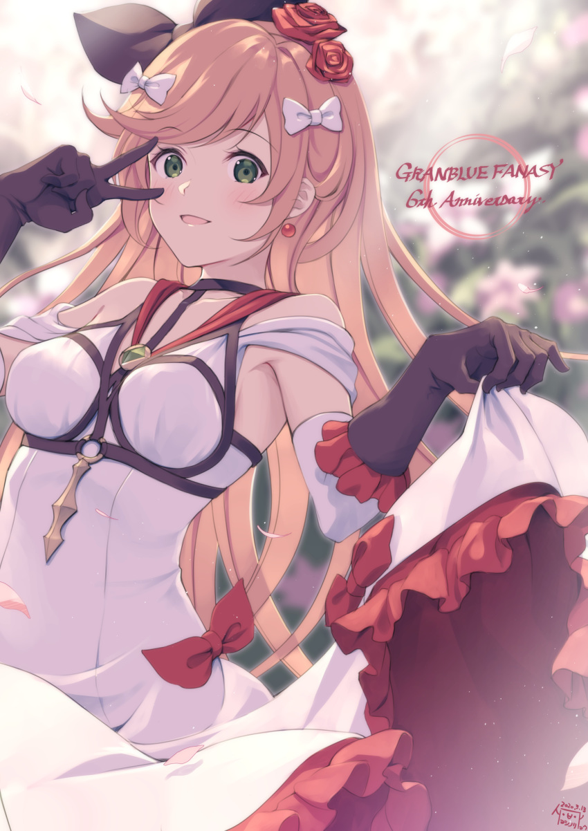 1girl :d anniversary arm_up bangs bare_shoulders black_gloves black_ribbon blurry blurry_background bow breasts clarisse_(granblue_fantasy) collarbone copyright_name dated depth_of_field dress dress_pull earrings elbow_gloves eyebrows_visible_through_hair flower frilled_dress frilled_gloves frills gloves granblue_fantasy green_eyes hair_bow hair_flower hair_ornament hair_ribbon highres jewelry long_hair medium_breasts open_mouth orange_hair red_flower red_rose ribbon rose signature smile solo swept_bangs v v_over_eye very_long_hair white_bow white_dress yoshino_ryou