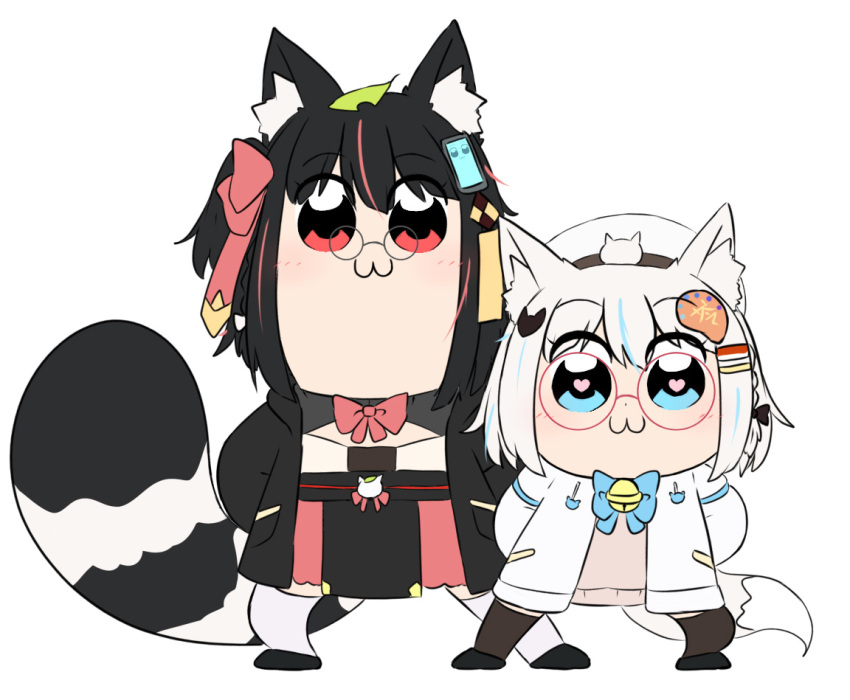 2girls :3 animal_ear_fluff animal_ears arms_behind_back bailingxiao_jiu bell beret bkub_(style) black_bow black_footwear black_hair black_legwear blue_bow blue_eyes blue_hair blush bow braid brown_sweater closed_mouth fox_ears fox_girl fox_hair_ornament fox_tail glasses hair_bow hair_ornament hairclip hat jacket jingle_bell leaf leaf_on_head multicolored_hair multiple_girls open_clothes open_jacket original pince-nez pink_bow pink_hair poptepipic raccoon_ears raccoon_girl raccoon_tail red-framed_eyewear red_eyes shoes short_hair simple_background standing streaked_hair striped_tail sweater tail thigh-highs white_background white_hair white_headwear white_jacket white_legwear