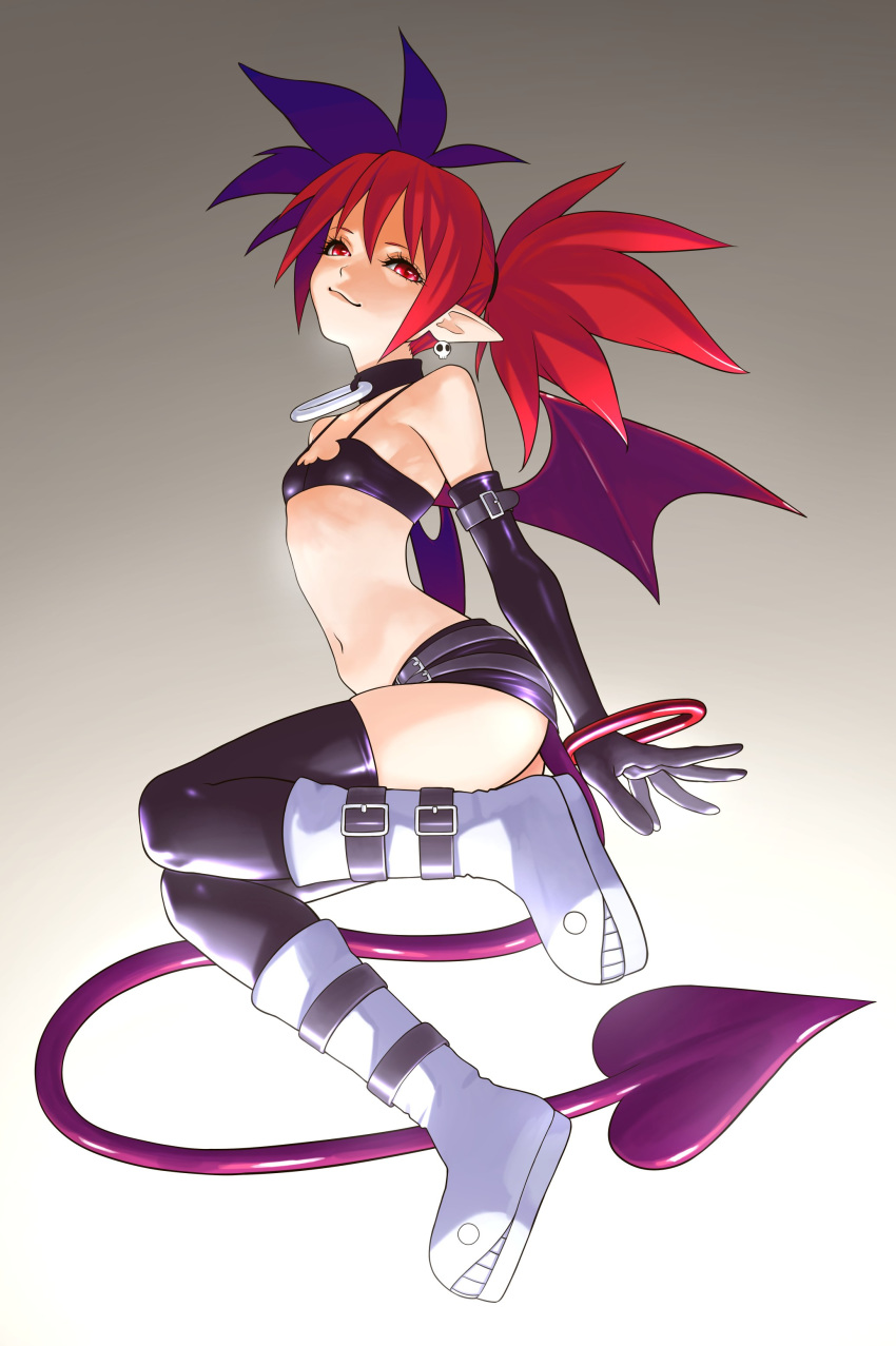 1girl absurdres bat_wings choker closed_mouth demon_girl demon_tail disgaea earrings elbow_gloves etna flat_chest gloves highres jewelry looking_at_viewer navel pointy_ears red_eyes redhead simple_background skirt skull_earrings smile solo tail thigh-highs turiganesou800 twintails wings
