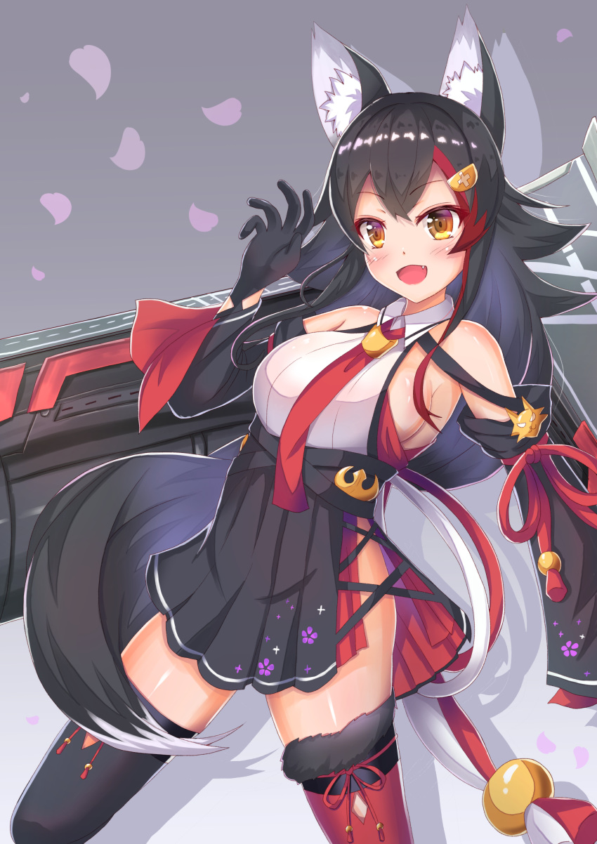 1girl animal_ears azur_lane black_hair breasts cocoasabure commentary_request fang highres hololive large_breasts long_hair looking_at_viewer ookami_mio open_mouth sideboob simple_background solo tail thigh-highs virtual_youtuber wolf_ears wolf_tail yellow_eyes