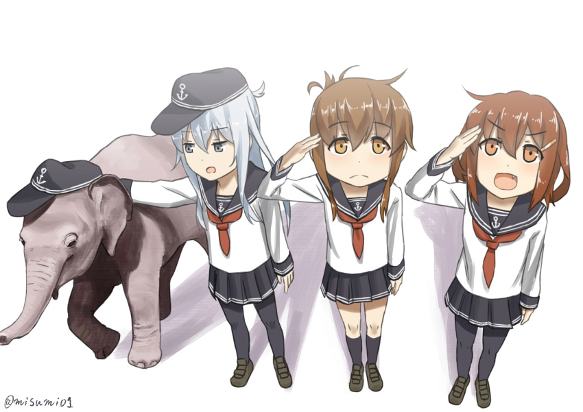 3girls akatsuki_(kantai_collection) akatsuki_(kantai_collection)_(cosplay) anchor_symbol animal black_footwear black_legwear black_sailor_collar black_skirt blue_eyes brown_eyes brown_hair cosplay elephant fang flat_cap folded_ponytail hair_ornament hairclip hat hibiki_(kantai_collection) ikazuchi_(kantai_collection) inazuma_(kantai_collection) kantai_collection kneehighs long_hair long_sleeves misumi_(niku-kyu) multiple_girls neckerchief pleated_skirt red_neckwear sailor_collar salute school_uniform serafuku shirt short_hair silver_hair skirt thigh-highs white_hair white_shirt