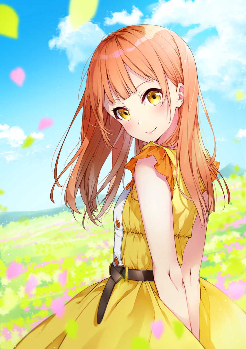 1girl arms_behind_back bangs bare_shoulders blue_sky bon_(bonbon315) breasts brown_hair commentary_request day dress field flower flower_field from_side highres looking_at_viewer orange_dress orange_eyes original outdoors sky sleeveless sleeveless_dress small_breasts smile solo yellow_flower
