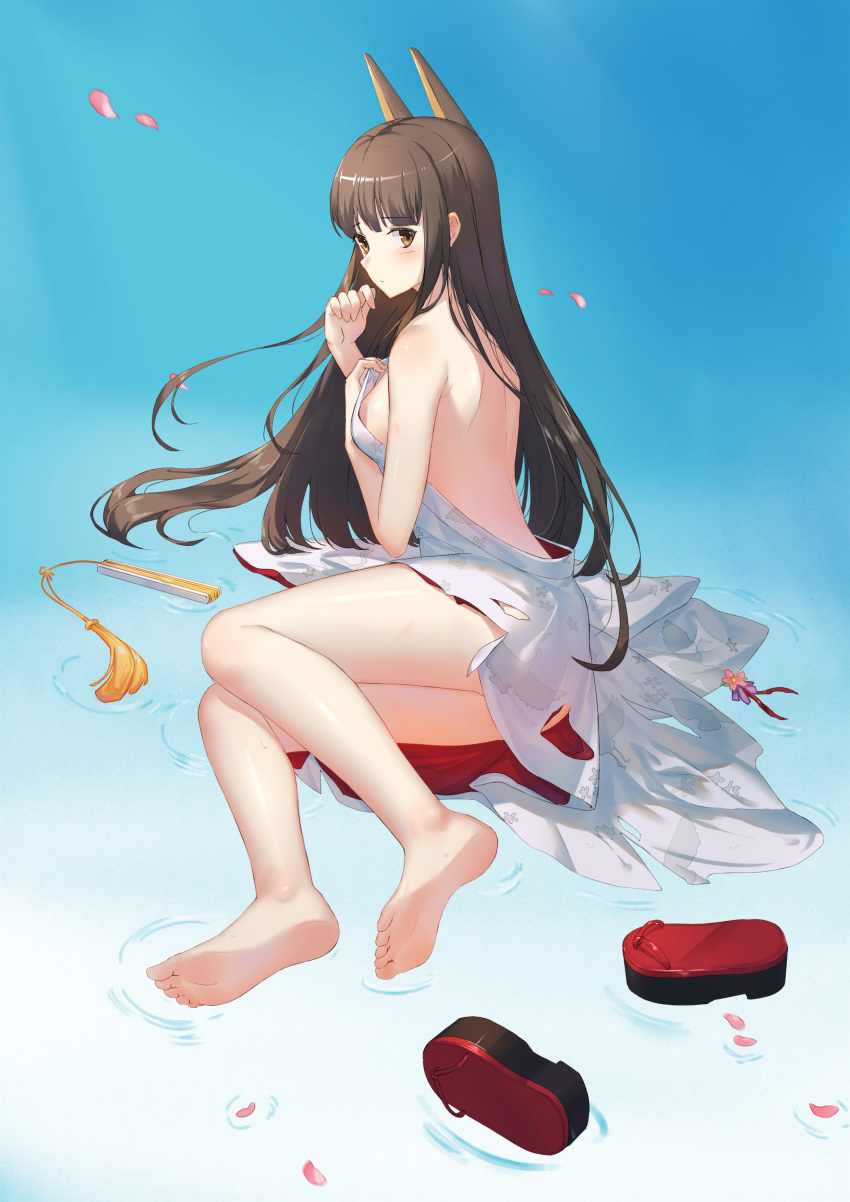 absurdres akagi_(warship_girls_r) animal_ears barefoot breasts brown_eyes brown_hair cherry_blossoms covering covering_breasts damaged fox_ears highres hiroshiko_(restart) japanese_clothes kimono large_breasts long_hair sandals shoes_removed toes uchikake warship_girls_r white_kimono