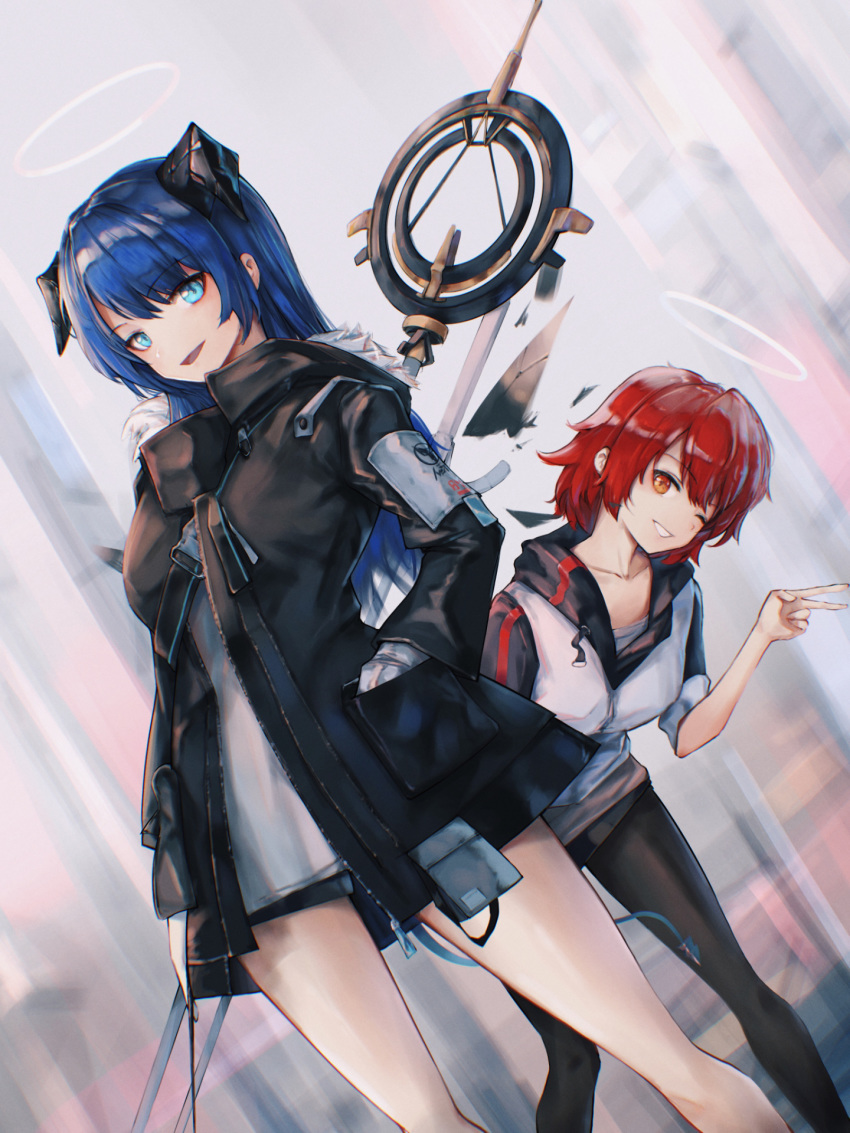 2girls aqua_eyes arknights bare_legs black_jacket black_legwear black_skirt blue_hair breasts collarbone cowboy_shot day demon_horns demon_tail dutch_angle exusiai_(arknights) eyebrows_visible_through_hair eyyy feather_trim grin halo hand_in_pocket highres hood hooded_jacket horns jacket long_hair looking_at_viewer miniskirt mostima_(arknights) multiple_girls open_mouth outdoors pantyhose redhead shirt short_hair skirt small_breasts smile staff standing tail thighs v white_jacket white_shirt