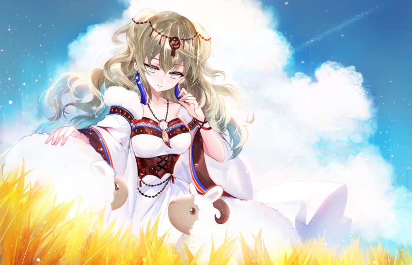 1girl animal bangs blue_eyes blue_sky breasts brown_hair closed_mouth clouds cloudy_sky collarbone commentary_request day detached_sleeves dress earrings eyebrows_visible_through_hair field fur-trimmed_sleeves fur_trim hair_between_eyes headpiece highres jewelry long_hair long_sleeves medium_breasts moemoe3345 o-ring original outdoors sheep sky smile solo star two_side_up white_dress white_sleeves wide_sleeves