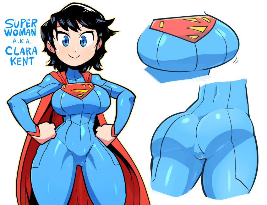 1girl :&gt; ass black_hair blue_bodysuit blue_eyes blush bodysuit breasts bright_pupils cape character_name closed_mouth commentary covered_navel english_commentary genderswap genderswap_(mtf) hands_on_hips large_breasts long_sleeves looking_at_viewer rariatto_(ganguri) red_cape simple_background smile solo standing superman superman_(series) white_background wide_hips