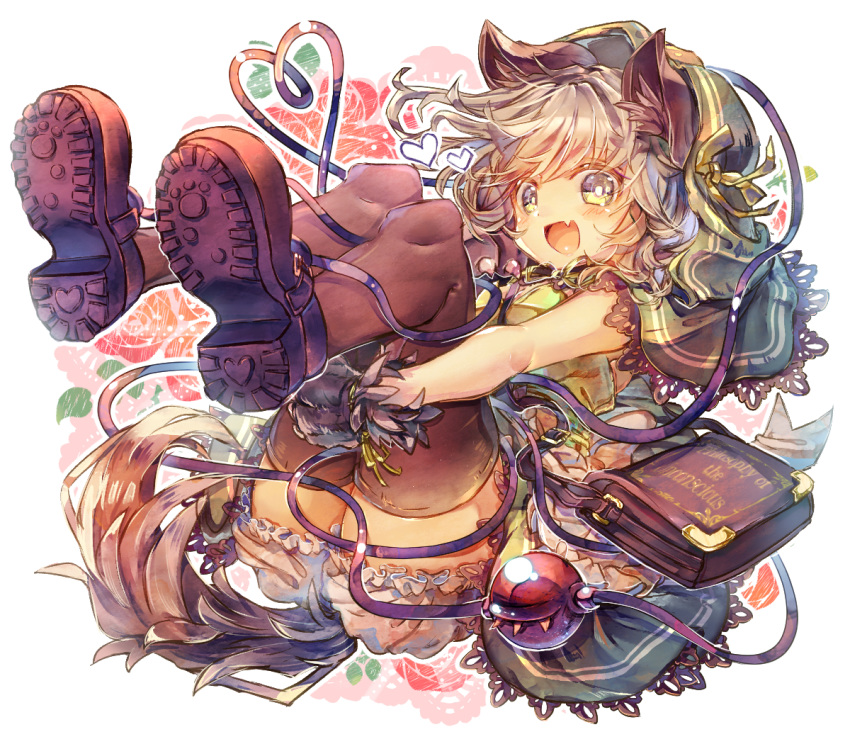 1girl animal_ears bag bloomers brown_legwear fang full_body gloves green_headwear green_hood green_skirt heart heart_of_string hood kemonomimi_mode komeiji_koishi legs_up looking_at_viewer medium_hair miniskirt open_mouth paw_gloves paws purple_footwear sekisei_(superego51) shoe_soles shoulder_bag silver_hair simple_background skin_fang skirt smile solo tail thigh-highs touhou underwear white_background wolf_ears wolf_tail yellow_eyes