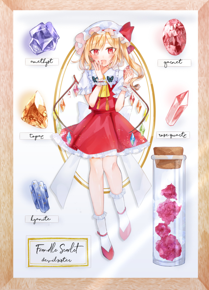 1girl :d amethyst_(gemstone) anklet bangs blonde_hair bobby_socks broken bug butterfly character_name commentary_request cravat english_text eyebrows_visible_through_hair fang fingernails flandre_scarlet flower frame frilled_shirt_collar frills full_body garnet_(gemstone) hand_on_own_face hat hat_ribbon herbarium highres holding_gemstone insect jewelry kyanite_(gemstone) mob_cap moko_(3886397) one_side_up open_mouth puffy_short_sleeves puffy_sleeves purple_flower purple_rose quartz_(gemstone) red_footwear red_nails red_skirt red_vest ribbon rose shirt short_hair short_sleeves simple_background skin_fang skirt skirt_set smile socks solo standing topaz_(gemstone) touhou vest white_background white_headwear white_legwear white_shirt wings wrist_cuffs yellow_neckwear