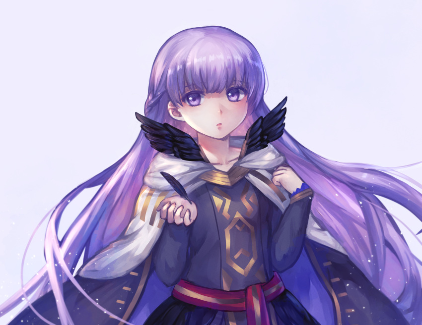 1girl absurdly_long_hair black_dress black_feathers cape cloak dress expressionless eyebrows_visible_through_hair feathers fire_emblem fire_emblem:_the_binding_blade fire_emblem_heroes hair_between_eyes highres long_dress long_hair long_sleeves looking_at_viewer mesz410 purple_hair simple_background solo sophia_(fire_emblem) very_long_hair violet_eyes